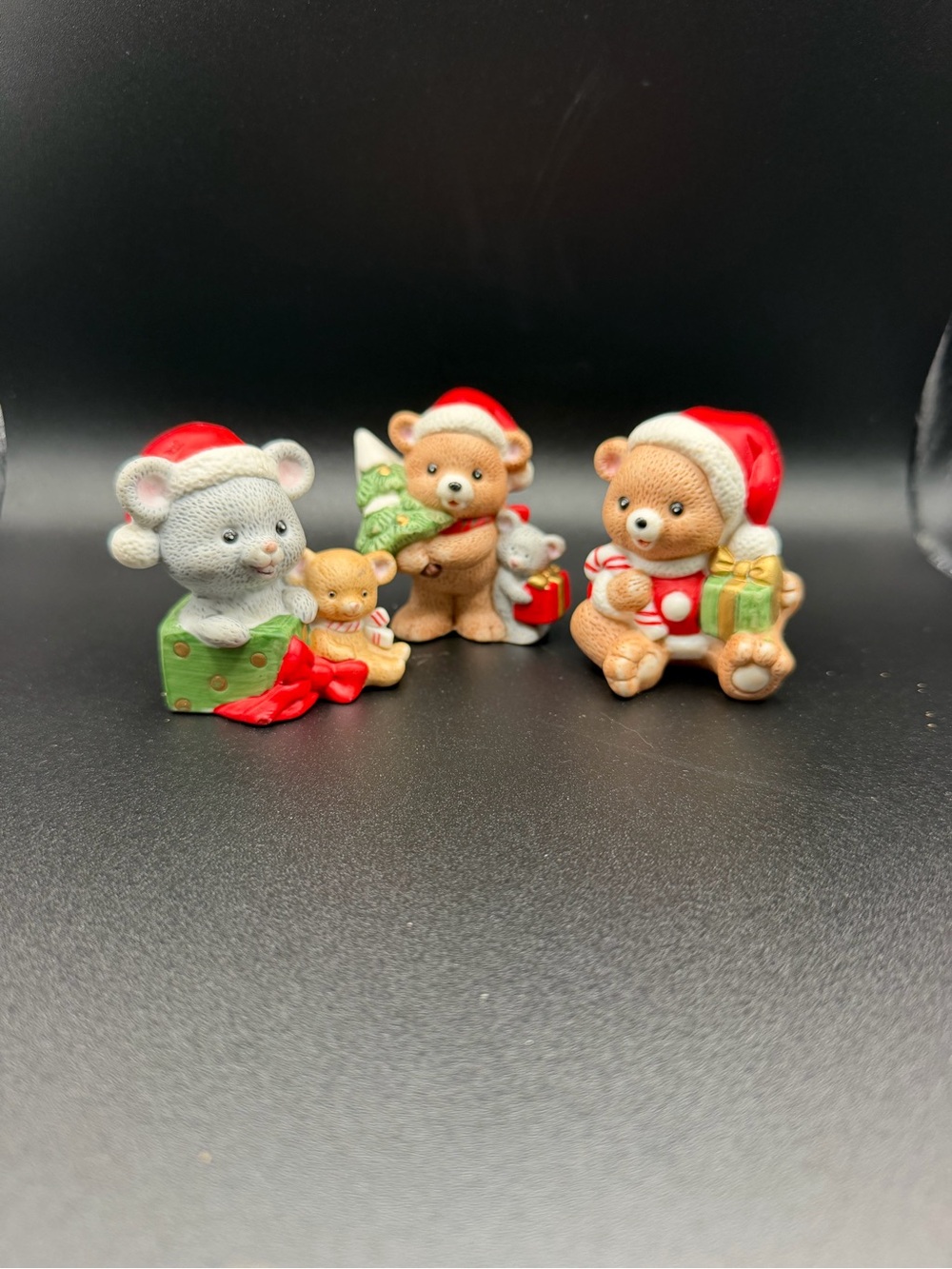 Homco Christmas Bear Figurine Trio in Red, Green & Cream #5254